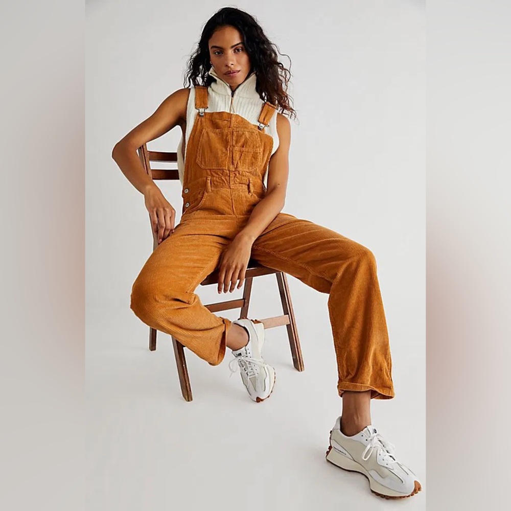 Free People We The Free Ziggy Corduroy Bib Overalls Tan Mustard Brown